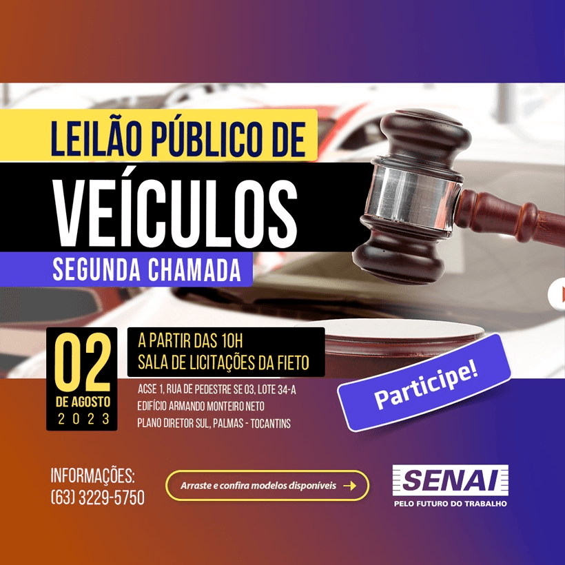 SENAI terá leilão de veículos em Palmas. Saiba como participar