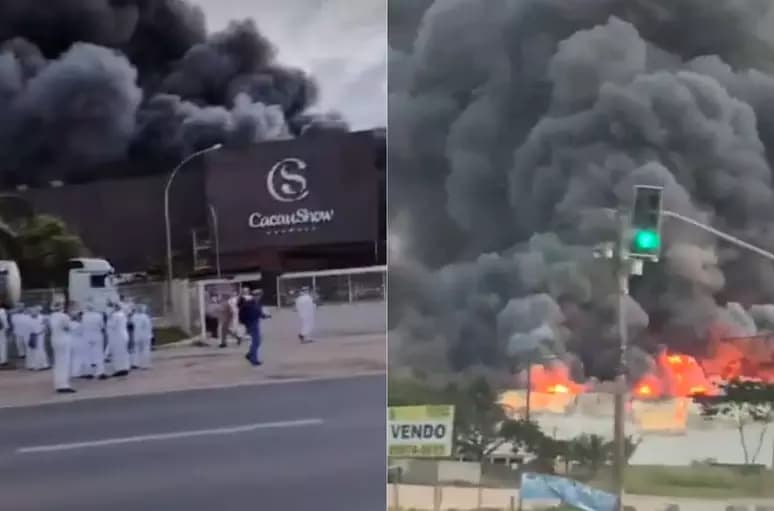 VÍDEOS: Incêndio de grandes proporcões atinge fábrica da Cacau Show, no Espírito Santo