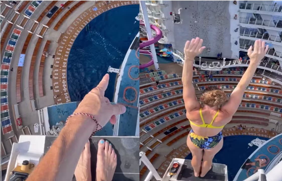 Mergulhadora holandesa impressiona com salto de 60 metros de altura em piscina de cruzeiro
