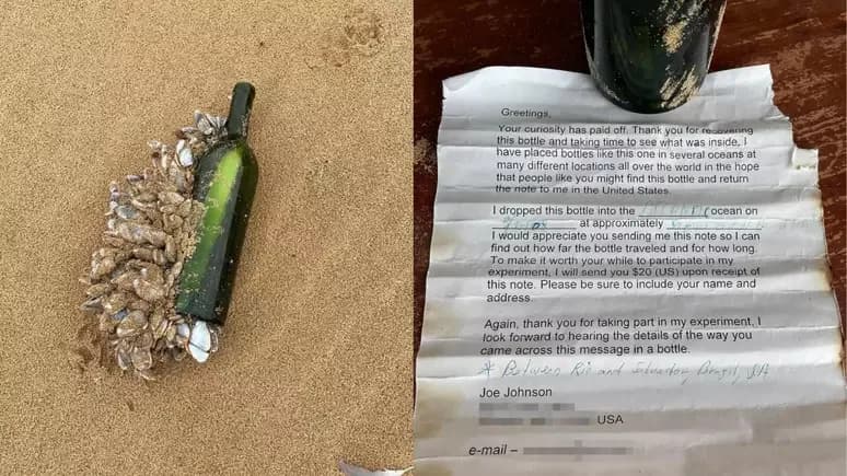 Garrafa com mensagem lançada em 2008 no Brasil chega à Austrália após 16 anos