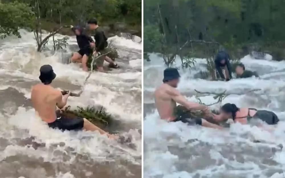 VÍDEO: Turistas se seguram em pedras para não serem arrastados por correnteza súbita, em GO