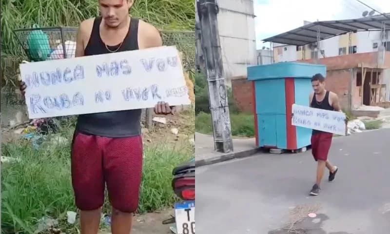 Com a placa &#8220;nunca mais vou roubar&#8221; suspeito de furto leva punição de moradores em Manaus; veja