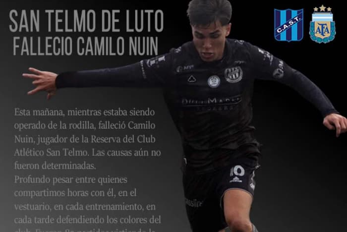 Jogador argentino de 18 anos morre durante cirurgia do joelho