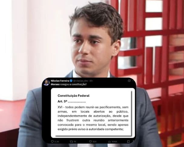 Nikolas Ferreira critica decisão de Moraes que proíbe acampamentos em Brasília: &#8220;Revogou a Constituição?&#8221;